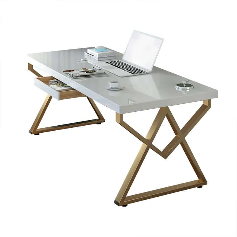 White & Gold Home Office Desk with Storage Drawer