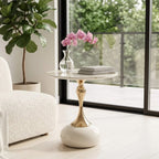 White Gold Marble Side Table with Sculptural Pedestal and Easy-Care Top