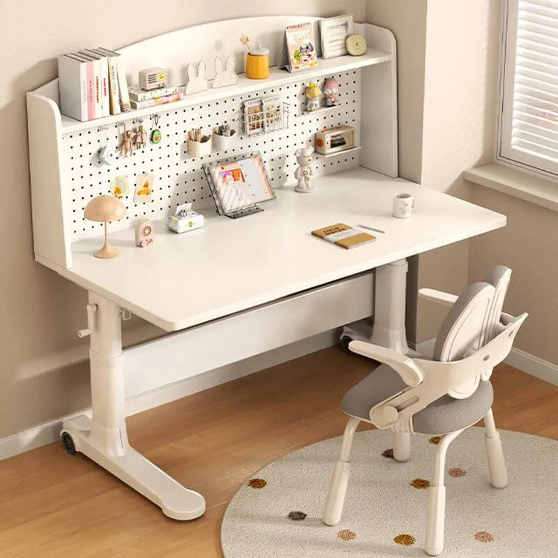 White Kids Writing Desk with Pegboard, Adjustable Height & Storage Options