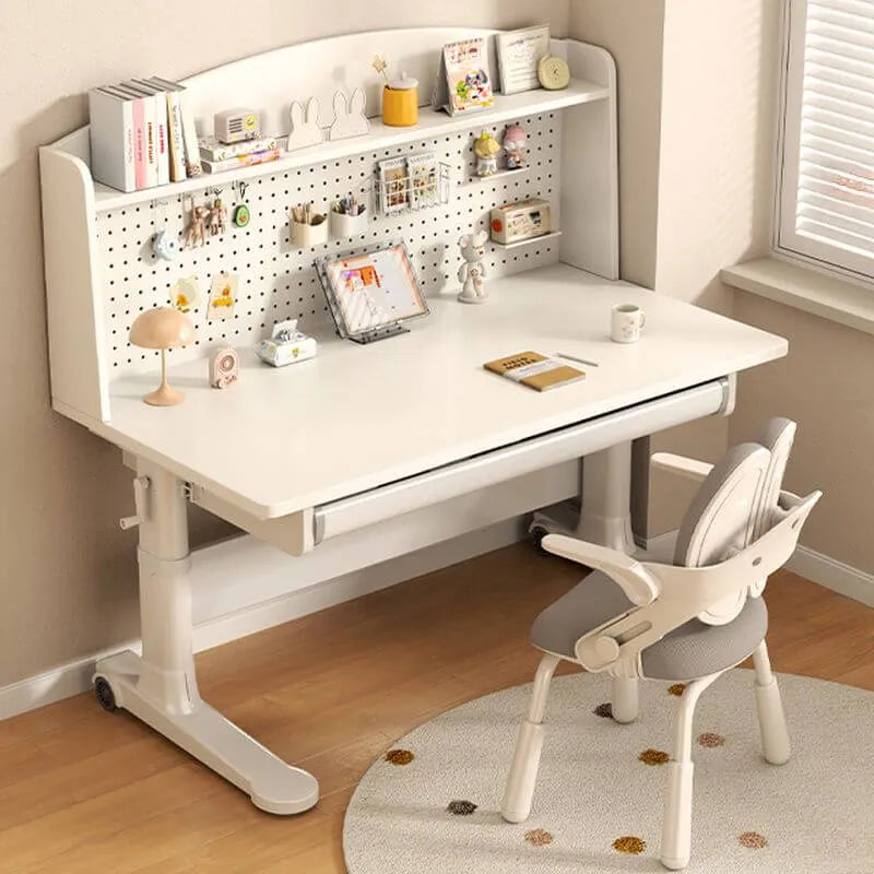 White Kids Writing Desk with Pegboard, Adjustable Height & Storage Options