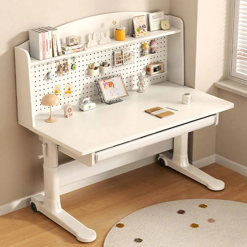 White Kids Writing Desk with Pegboard, Adjustable Height & Storage Options