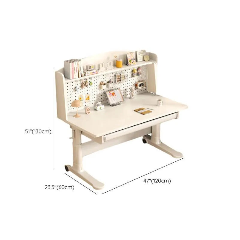 White Kids Writing Desk with Pegboard, Adjustable Height & Storage Options Dimensions