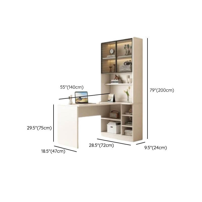 White L-Shaped Kids Writing Desk with Integrated Bookcase and LED Lighting Dimensions
