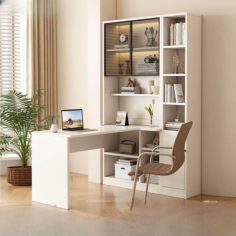 White L-Shaped Kids Writing Desk with Integrated Bookcase and LED Lighting Main Product Image Main image