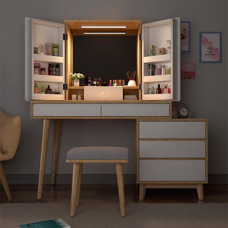 White Makeup Vanity Table with Mirror and Storage Drawers