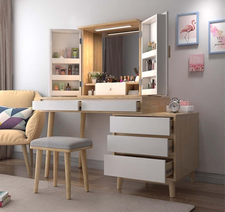 White Makeup Vanity Table with Mirror and Storage Drawers