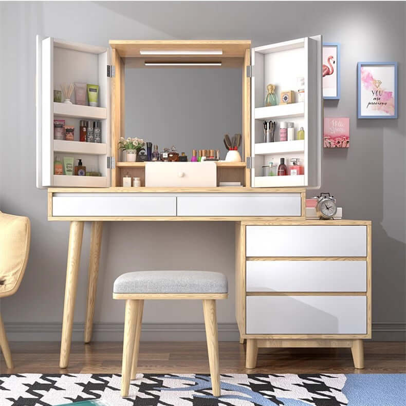 White Makeup Vanity Table with Mirror and Storage Drawers