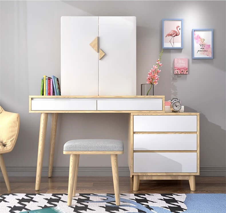 White Makeup Vanity Table with Mirror and Storage Drawers
