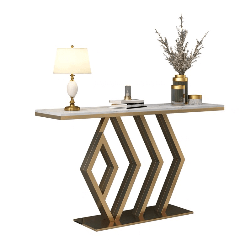 White Marble Console Table - Hexagon Design, Gold Pedestal