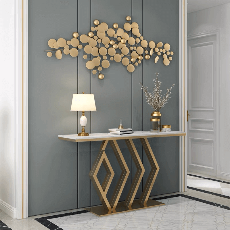 White Marble Console Table - Hexagon Design, Gold Pedestal