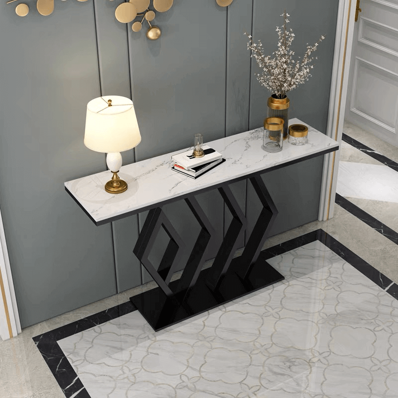 White Marble Console Table - Hexagon Design, Gold Pedestal