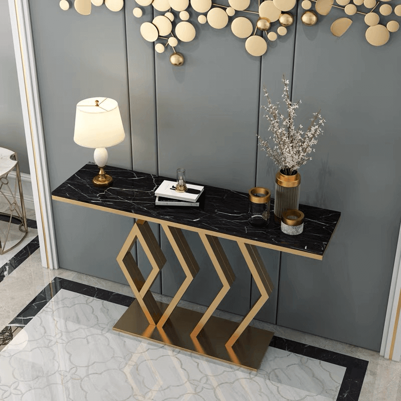 White Marble Console Table - Hexagon Design, Gold Pedestal