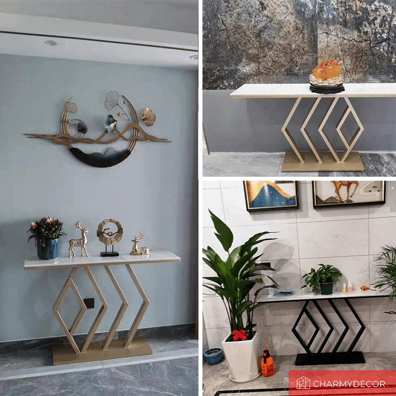 White Marble Console Table - Hexagon Design, Gold Pedestal