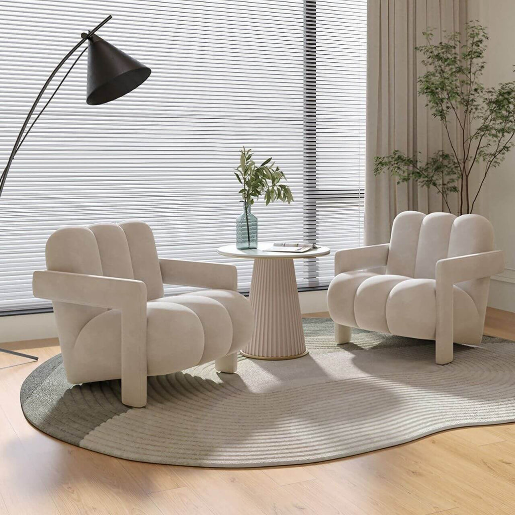 Single lounge chair with white matte velvet and curved lines, casual lazy sofa design main product image