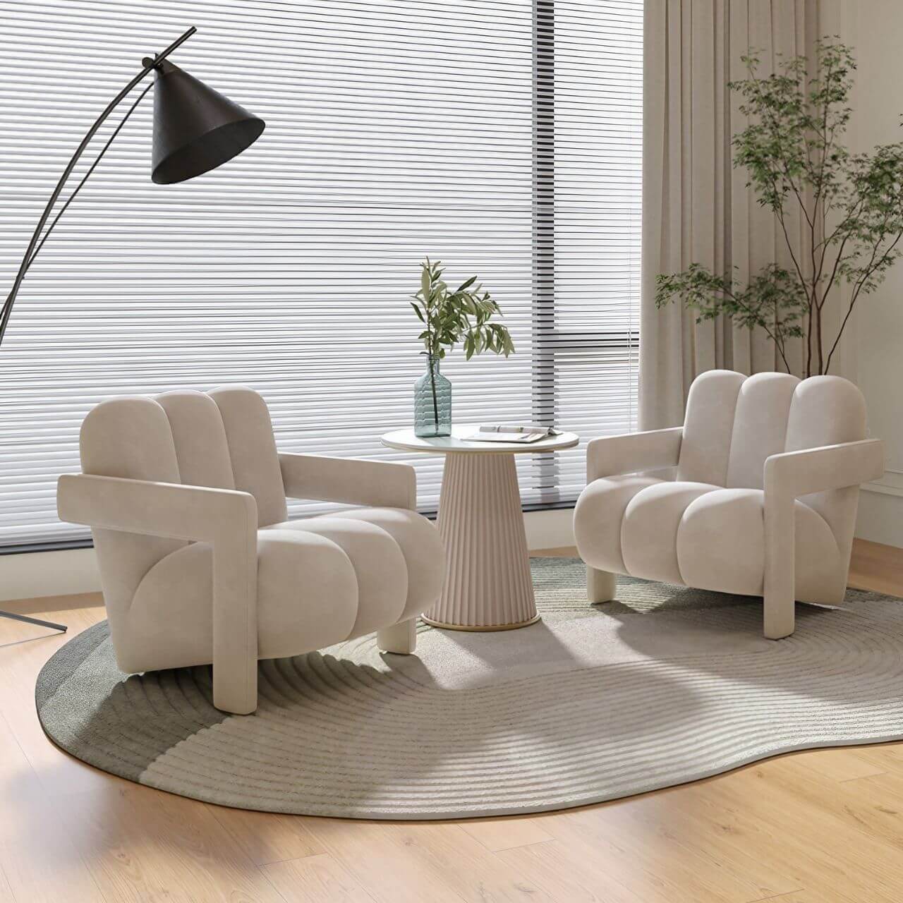Single lounge chair with white matte velvet and curved lines, casual lazy sofa design main product image