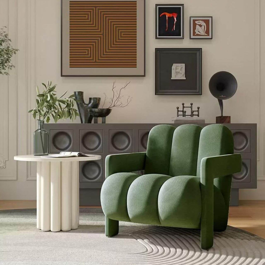 Single lounge chair with white matte velvet and curved lines, casual lazy sofa design