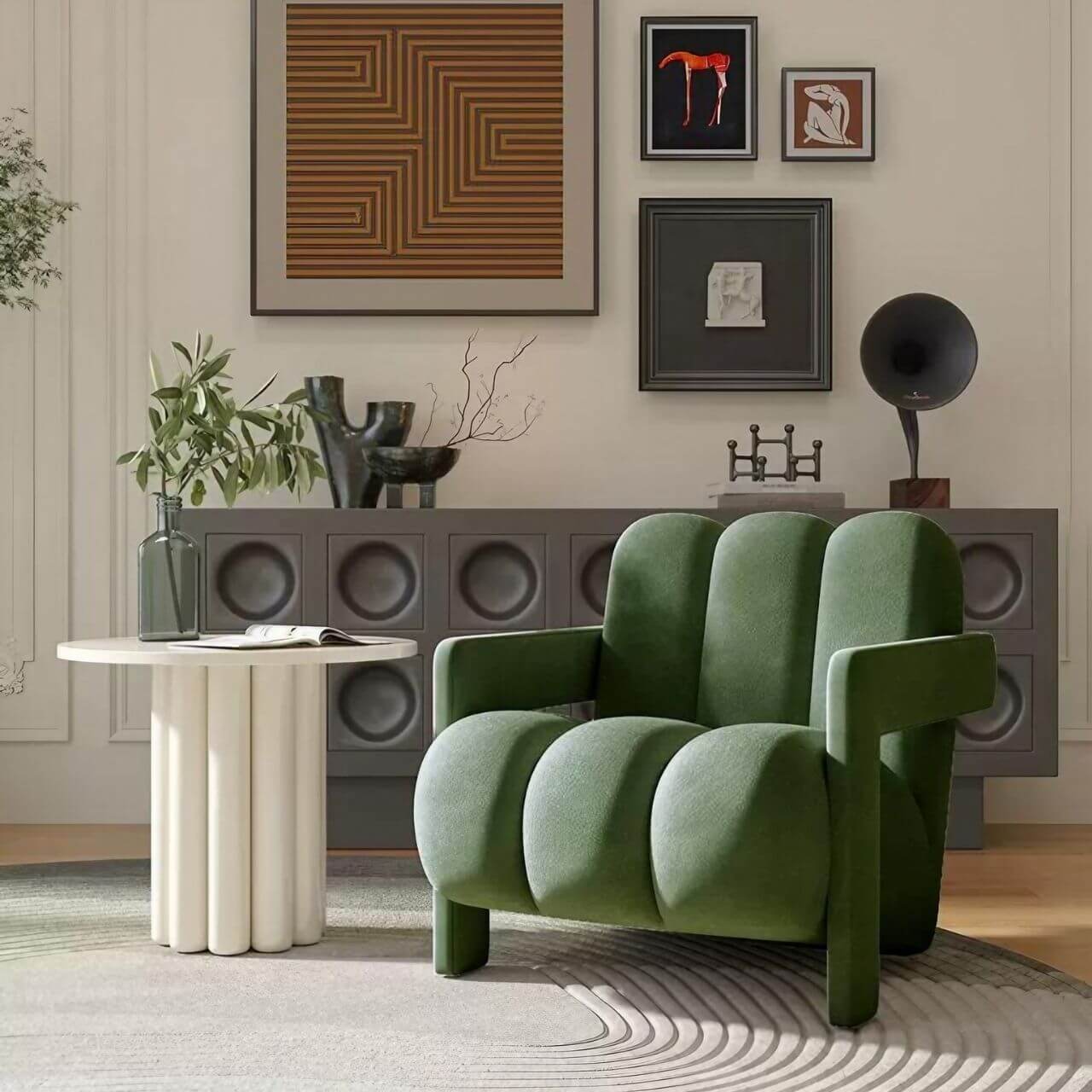 Single lounge chair with white matte velvet and curved lines, casual lazy sofa design