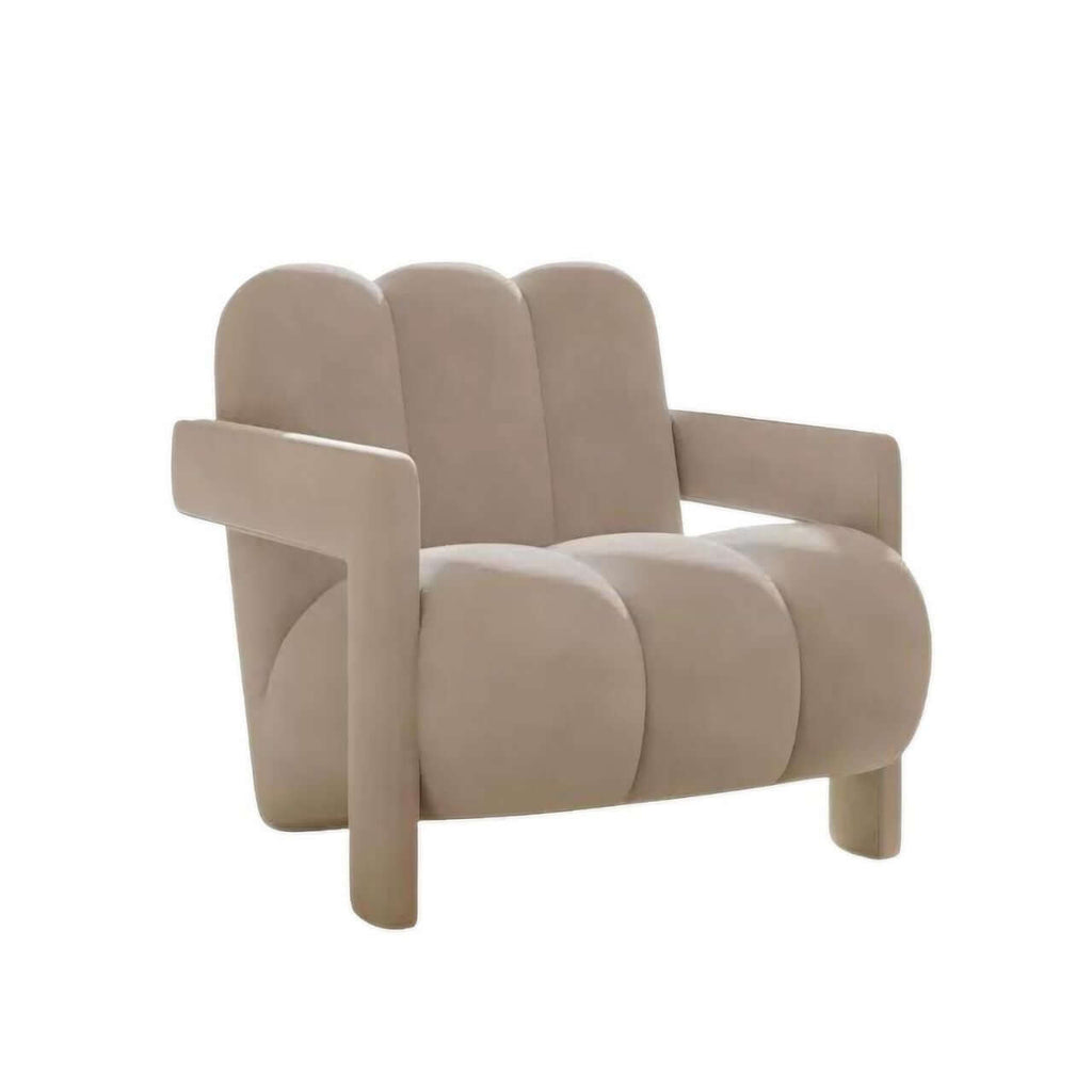 Single lounge chair with white matte velvet and curved lines, casual lazy sofa design