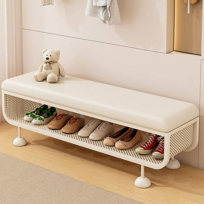 White Metal-Frame Entryway Bench with Cushioned Seat and Ventilated Storage