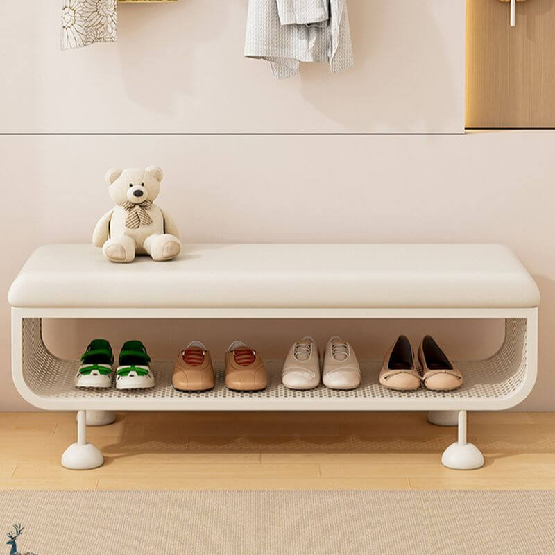 White Metal-Frame Entryway Bench with Cushioned Seat and Ventilated Storage