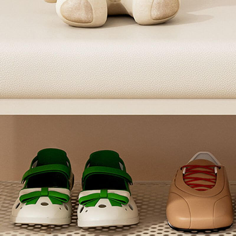 White Metal-Frame Entryway Bench with Cushioned Seat and Ventilated Storage