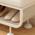 White Metal-Frame Entryway Bench with Cushioned Seat and Ventilated Storage