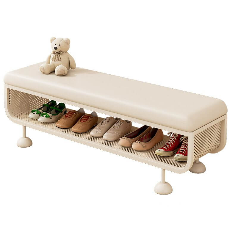 White Metal-Frame Entryway Bench with Cushioned Seat and Ventilated Storage