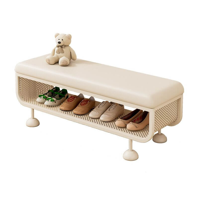 White Metal-Frame Entryway Bench with Cushioned Seat and Ventilated Storage