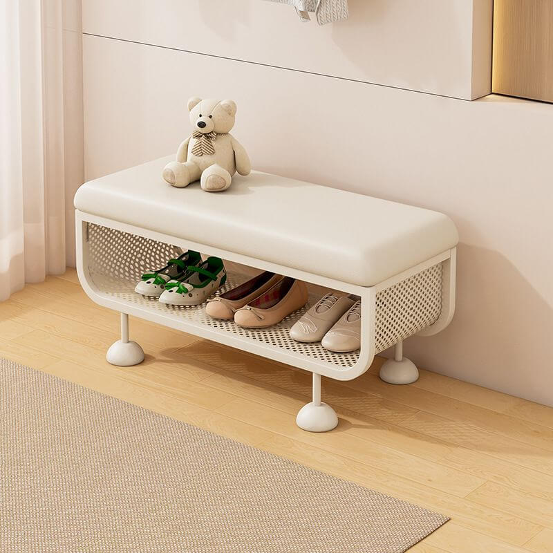 White Metal-Frame Entryway Bench with Cushioned Seat and Ventilated Storage Main Product Image