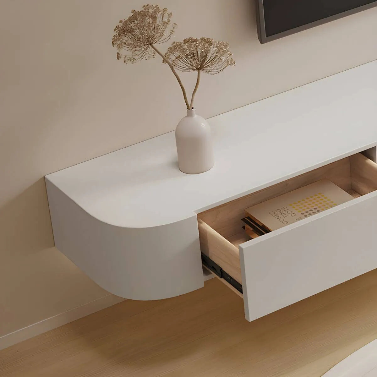White Modern Wall-Mounted TV Stand with Drawers and Glass Doors