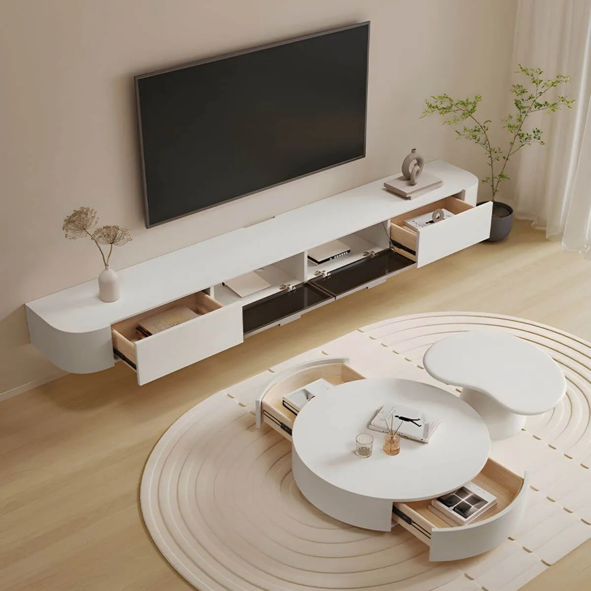 White Modern Wall-Mounted TV Stand with Drawers and Glass Doors