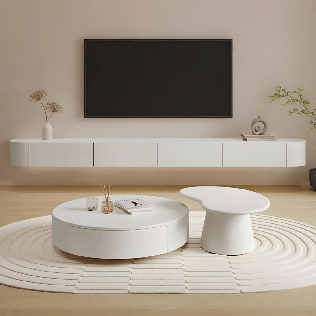 White Modern Wall-Mounted TV Stand with Drawers and Glass Doors