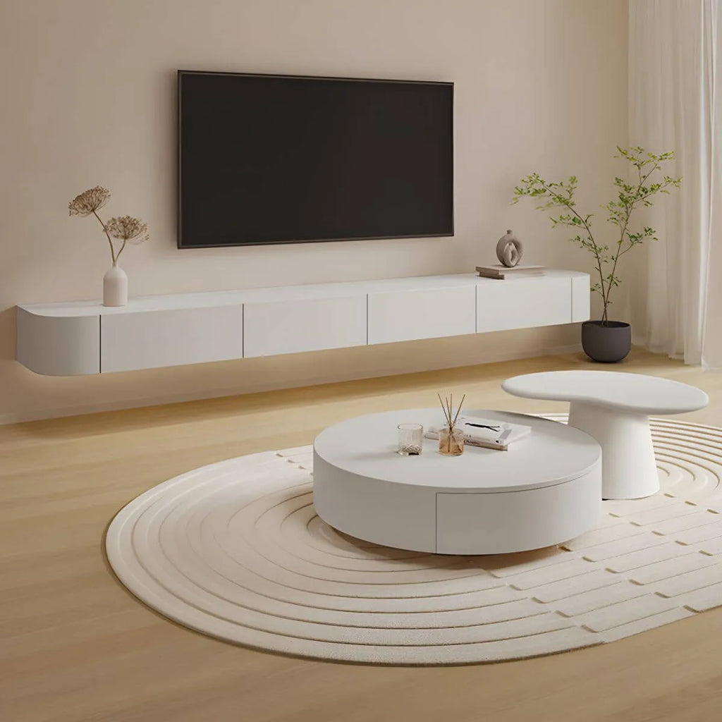 White Modern Wall-Mounted TV Stand with Drawers and Glass Doors
