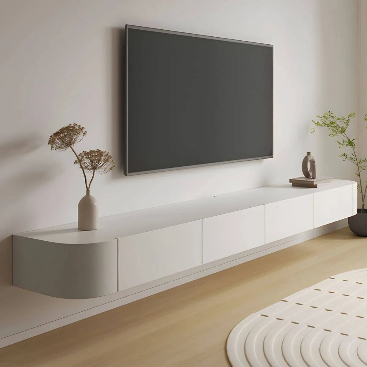 White Modern Wall-Mounted TV Stand with Drawers and Glass Doors