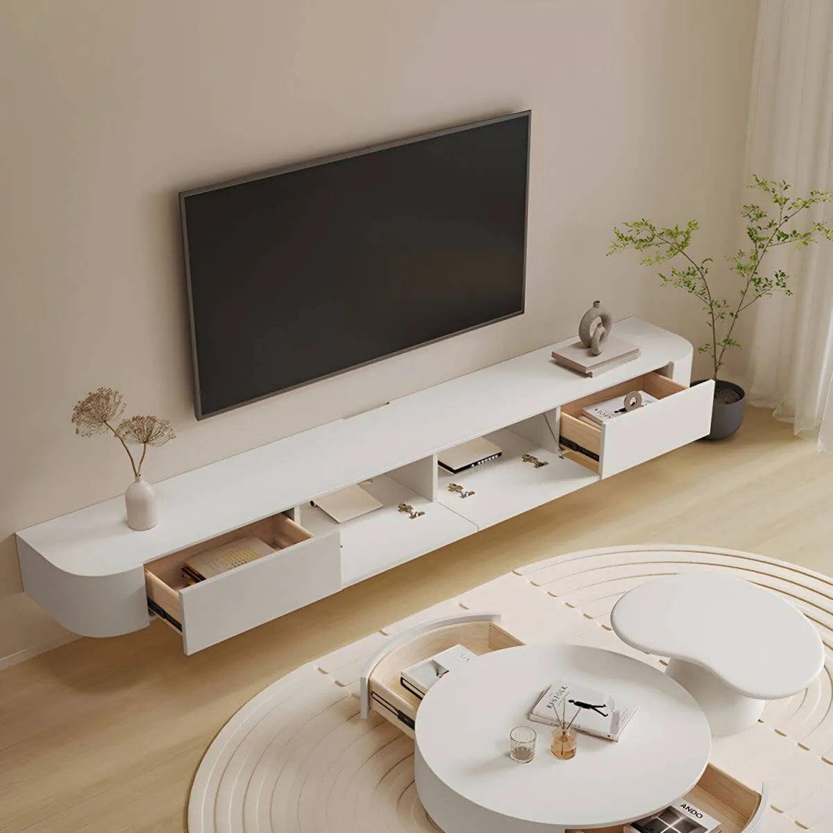 White Modern Wall-Mounted TV Stand with Drawers and Glass Doors