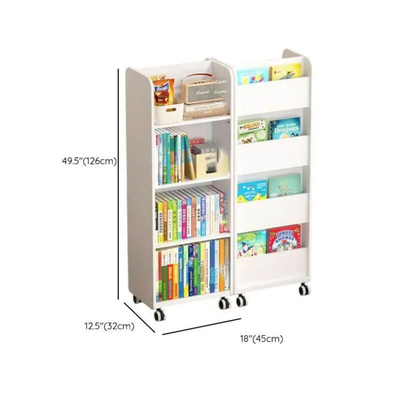 White Modern Wood Vertical Bookshelf with Adjustable Shelves Dimensions