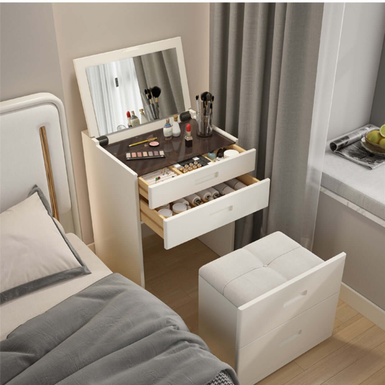 White Nordic Dressing Table Set with Flip-Up Mirror