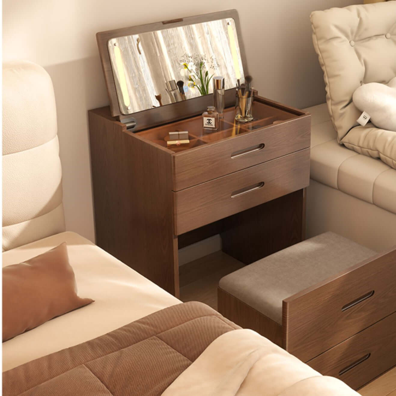 White Nordic Dressing Table Set with Flip-Up Mirror