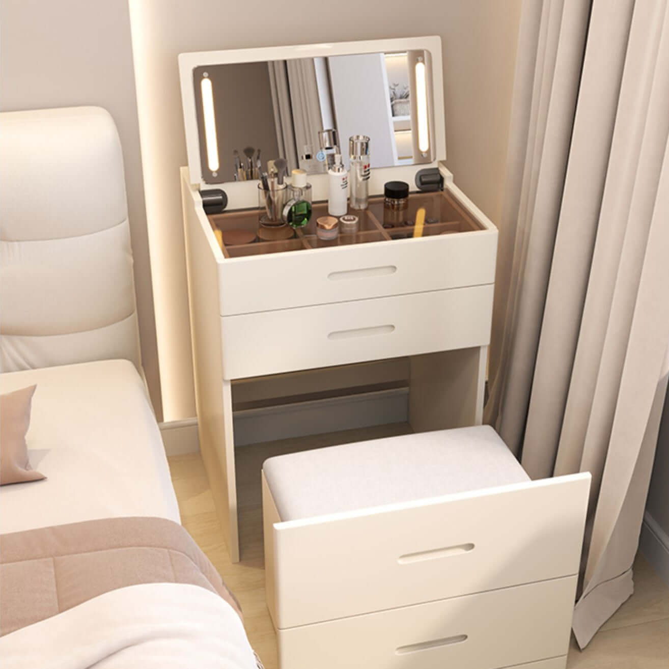 White Nordic Dressing Table Set with Flip-Up Mirror