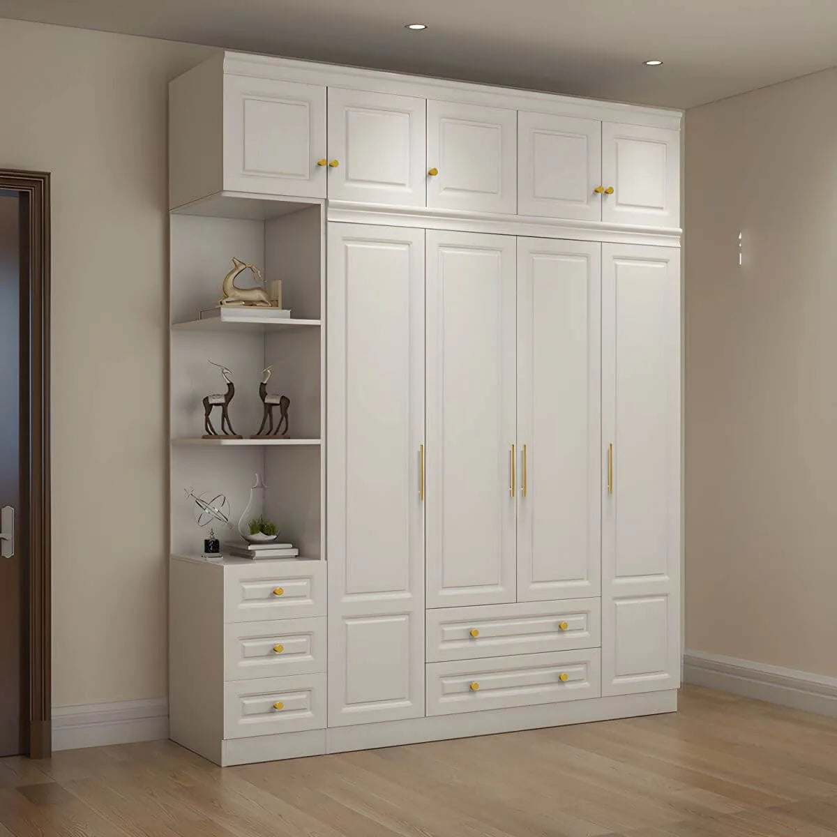 White Paneled Wardrobe Armoire With Vanity and Display Shelves
