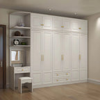 White Paneled Wardrobe Armoire With Vanity and Display Shelves