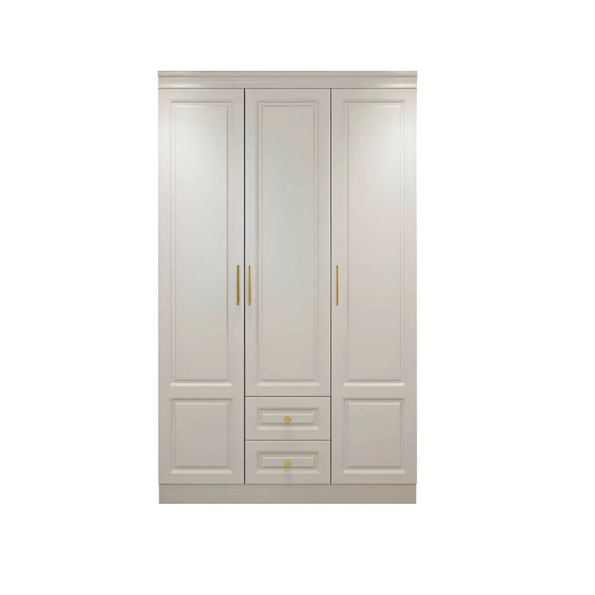 White Paneled Wardrobe Armoire With Vanity and Display Shelves
