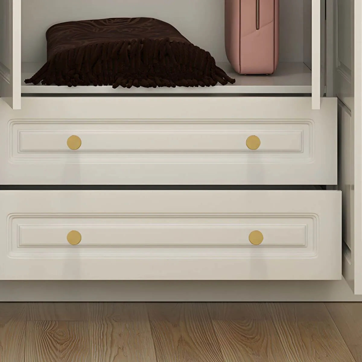 White Paneled Wardrobe Armoire With Vanity and Display Shelves