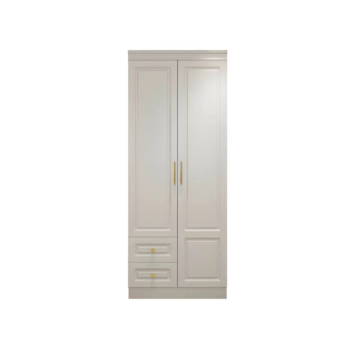 White Paneled Wardrobe Armoire With Vanity and Display Shelves