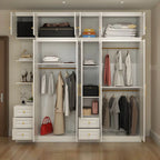 White Paneled Wardrobe Armoire With Vanity and Display Shelves
