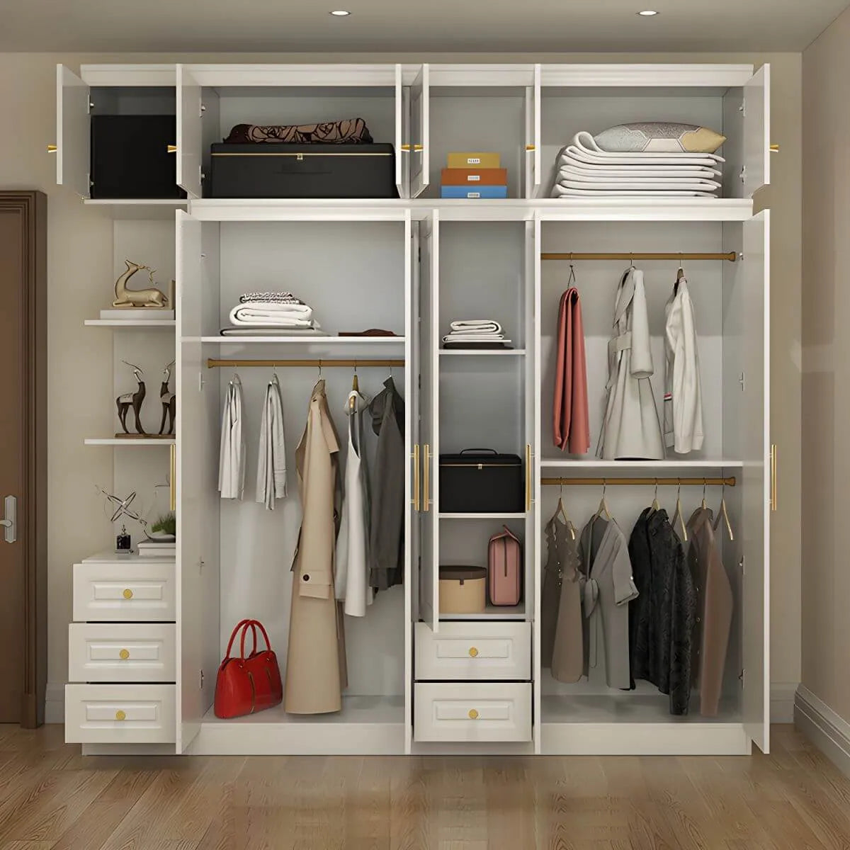 White Paneled Wardrobe Armoire With Vanity and Display Shelves