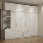 White Paneled Wardrobe Armoire With Vanity and Display Shelves