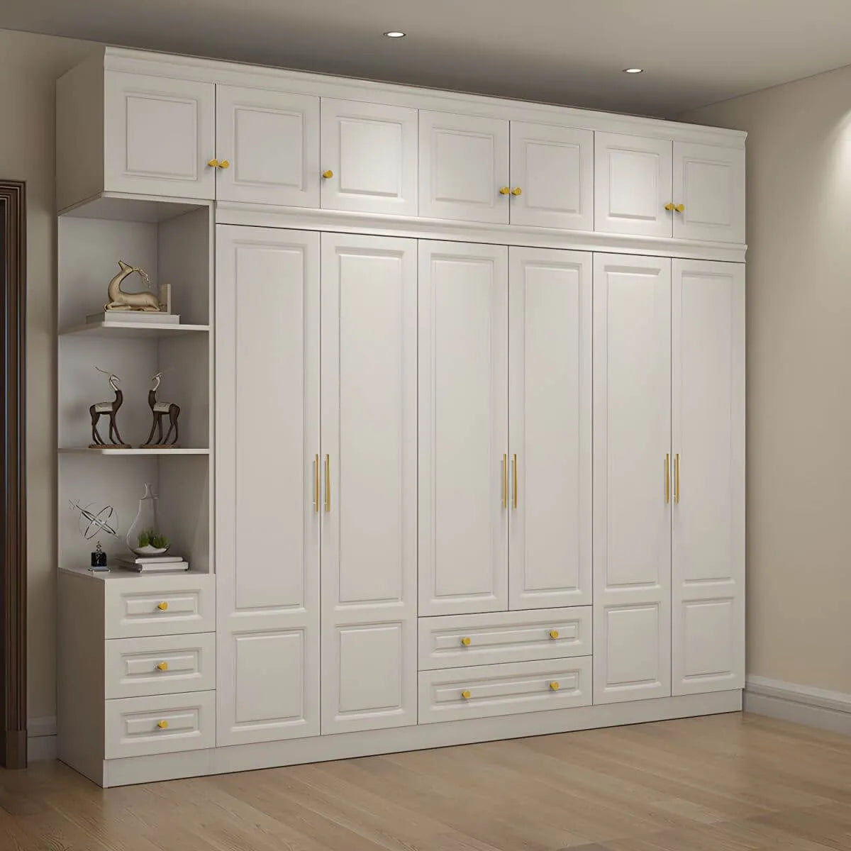 White Paneled Wardrobe Armoire With Vanity and Display Shelves