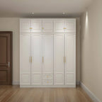 White Paneled Wardrobe Armoire With Vanity and Display Shelves