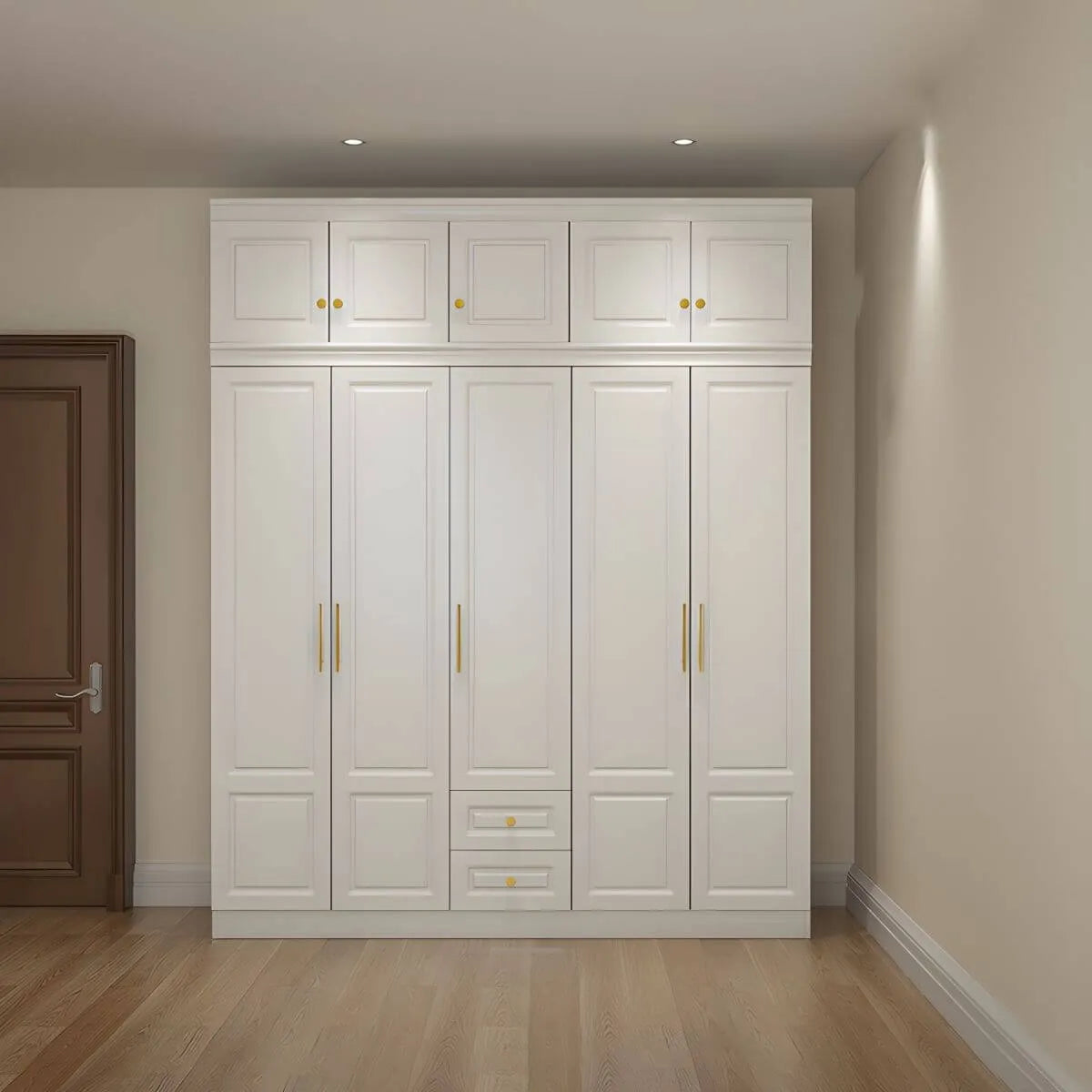 White Paneled Wardrobe Armoire With Vanity and Display Shelves